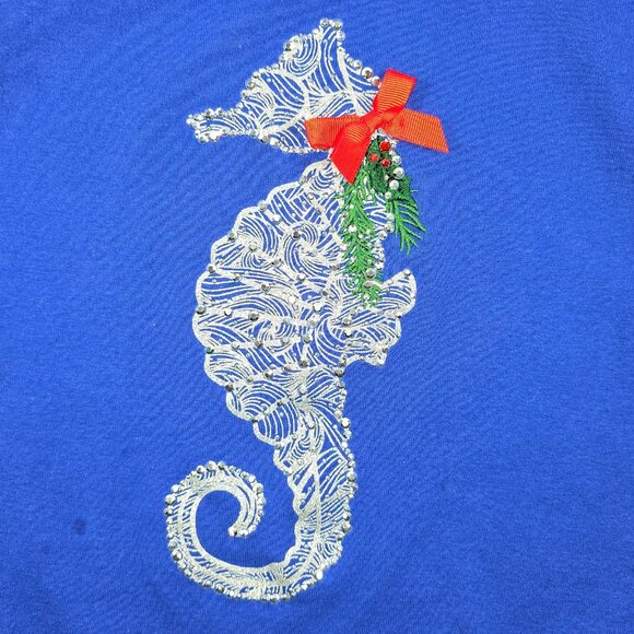 Womens Top Sz M Blue Sequin Sea Horse Holiday Coastal 3/4 Sleeve Bow Casual - Picture 6 of 9